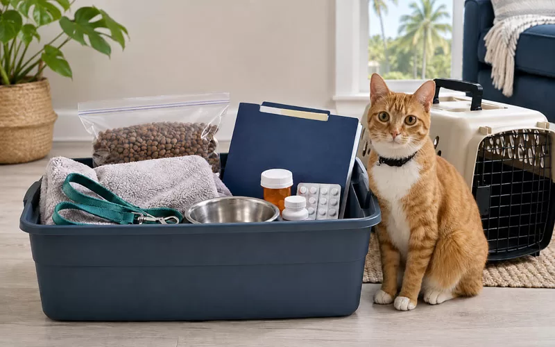 Organized pet storm-prep bin with pet food, leash, water bowl, medications, blanket, records folder, and carrier nearby.