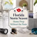 Florida storm season home prep graphic with bottled water, flashlight, batteries, charger, storage bin, pet leash, and red hurricane symbol.