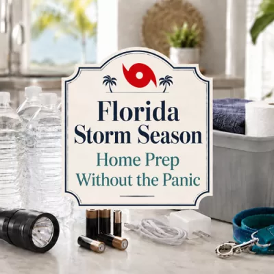 Florida storm season home prep graphic with bottled water, flashlight, batteries, charger, storage bin, pet leash, and red hurricane symbol.