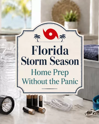 Florida storm season home prep graphic with bottled water, flashlight, batteries, charger, storage bin, pet leash, and red hurricane symbol.