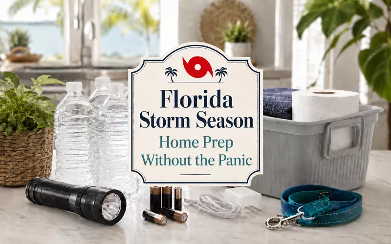 Florida storm season home prep graphic with bottled water, flashlight, batteries, charger, storage bin, pet leash, and red hurricane symbol.