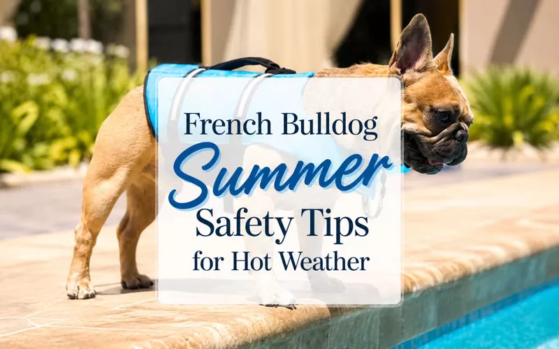 French Bulldog wearing a blue cooling vest while standing beside a pool on a sunny patio.
