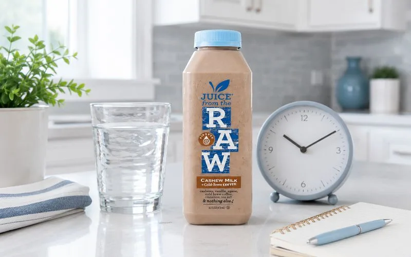 Juice From the Raw cashew milk bottle beside a three-day schedule, glass of water, and blue pen on a white kitchen counter.