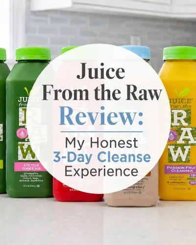Juice From the Raw cleanse bottles in a bright white and gray kitchen with the title Juice From the Raw Review: My Honest 3-Day Cleanse Experience.
