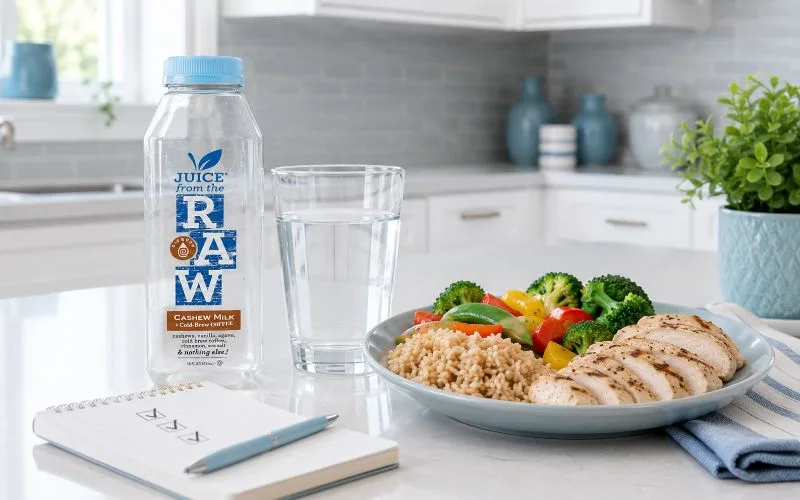 Empty Juice From the Raw bottle beside water, grilled chicken, brown rice, vegetables, and a three-day checklist.