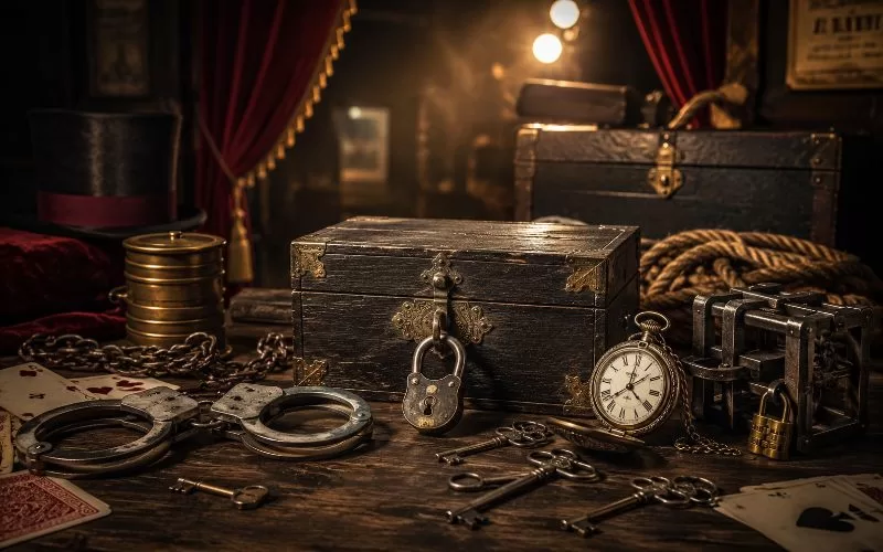 Vintage magician props with handcuffs, keys, locks, playing cards, and a pocket watch on a wooden table.