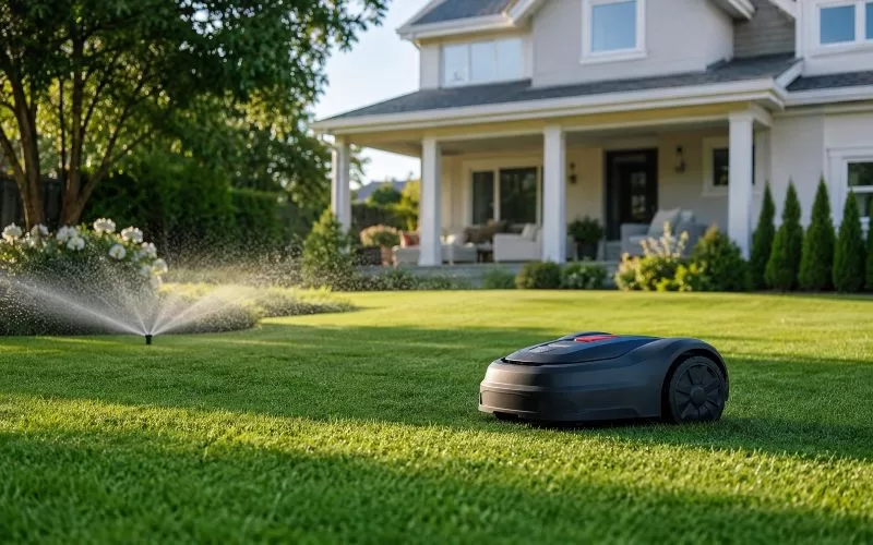 Robot lawn mower cutting a green suburban lawn while a sprinkler waters the grass near a modern home.