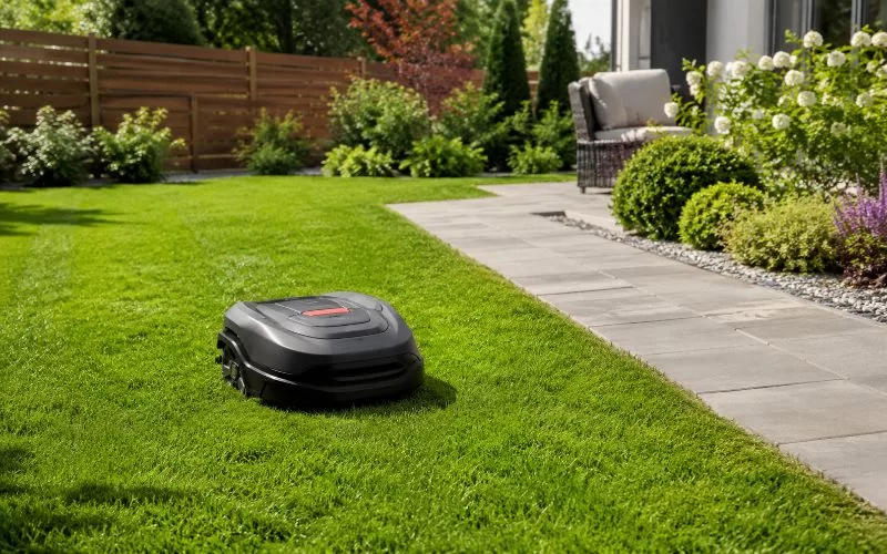 Robot lawn mower cutting grass in a landscaped residential yard with a fence, patio, and walkway nearby.