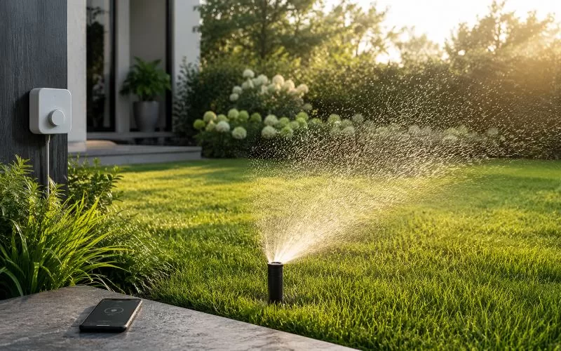 Smart sprinkler watering a green lawn in morning light with a phone and irrigation controller nearby.