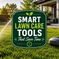 Decorative title overlay on a sunny lawn scene with a sprinkler and robot lawn mower.