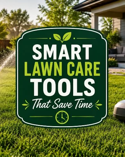 Decorative title overlay on a sunny lawn scene with a sprinkler and robot lawn mower.