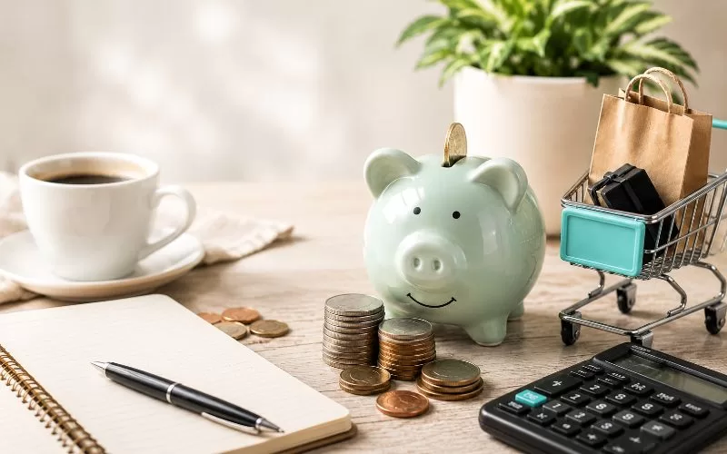 Piggy bank with coins, calculator, notebook, coffee cup, and small shopping cart on a light wooden table.