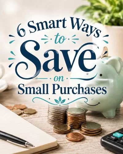 Piggy bank, coins, calculator, notebook, coffee cup, and shopping cart with decorative text about saving on small purchases.
