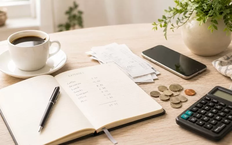 Open notebook with expense notes beside receipts, coins, calculator, phone, and coffee cup on a light desk.