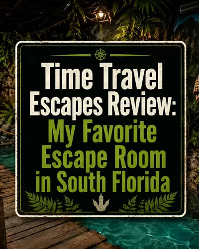 Jurassic-themed escape room image with a wooden bridge over blue fake water, jungle walls, tropical plants, a dinosaur, and centered text reading Jurassic Adventure Complete Review.