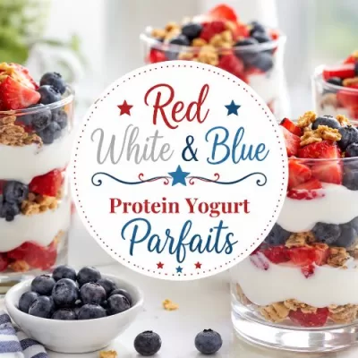 Layered patriotic yogurt parfaits with strawberries, blueberries, granola, and centered title text.