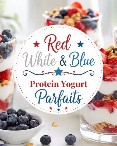 Layered patriotic yogurt parfaits with strawberries, blueberries, granola, and centered title text.