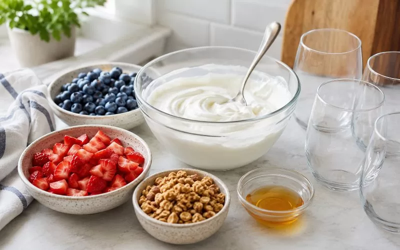 Ingredients for protein yogurt parfaits including Greek yogurt, strawberries, blueberries, granola, honey, and clear glasses.