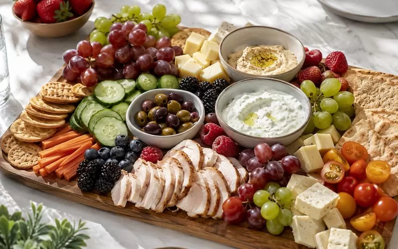 Summer dinner board with sliced chicken, cheese, crackers, pita, hummus, vegetables, olives, grapes, and berries