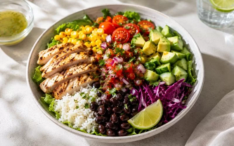 Fresh summer dinner bowl with grilled chicken, rice, black beans, corn, avocado, cucumber, tomatoes, cabbage, and lime