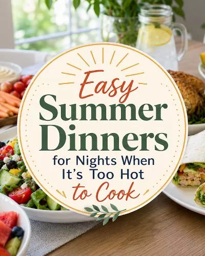 Summer dinner table with wraps, salad, fruit, vegetables, and decorative title text in the center