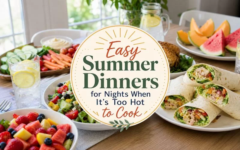 Summer dinner table with wraps, salad, fruit, vegetables, and decorative title text in the center