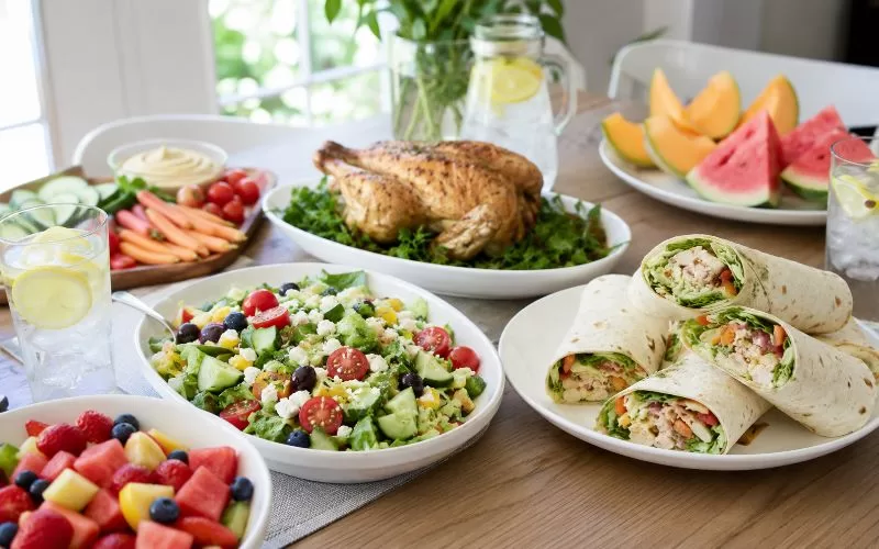 Fresh summer dinner spread with chicken wraps, salad, fruit, vegetables, lemon water, and a rotisserie chicken on a bright dining table