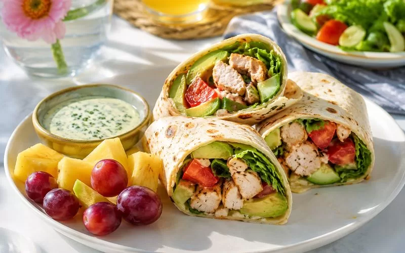 Rotisserie chicken wraps with avocado, tomato, cucumber, fruit, and creamy dressing on a bright table