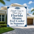 Florida home exterior with palm trees and a centered decorative title graphic that reads Simple Ways to Make Your Florida Home Feel Cooler in Summer.