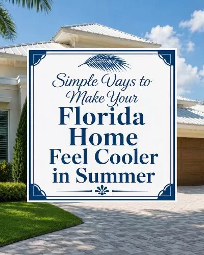 Florida home exterior with palm trees and a centered decorative title graphic that reads Simple Ways to Make Your Florida Home Feel Cooler in Summer.