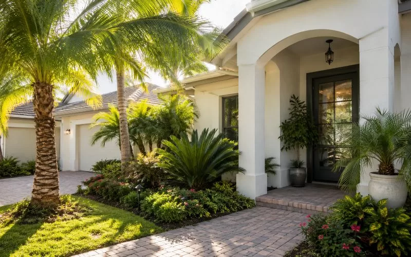 Bright Florida home exterior with palm trees, shaded front entry, clean landscaping, and warm summer sunlight.