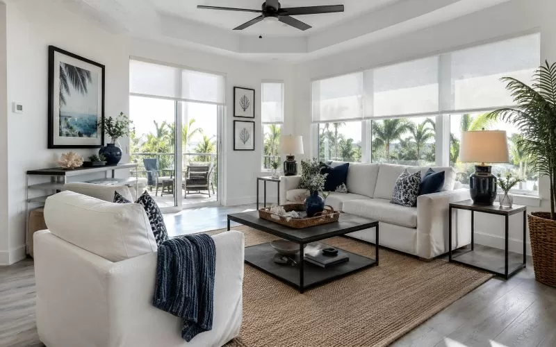 Bright Florida living room with gray wood flooring, white furniture, navy accents, closed light-filtering shades, and a black ceiling fan.