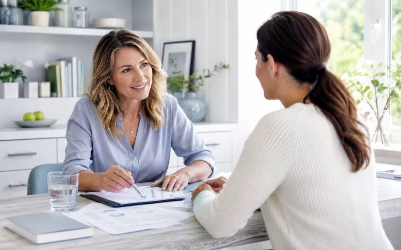 Provider and patient reviewing wellness notes and health paperwork during a calm functional medicine consultation.