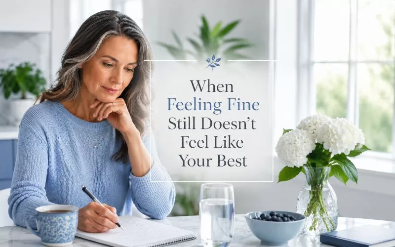 Woman writing in a wellness journal beside title text that reads When Feeling Fine Still Doesn’t Feel Like Your Best.