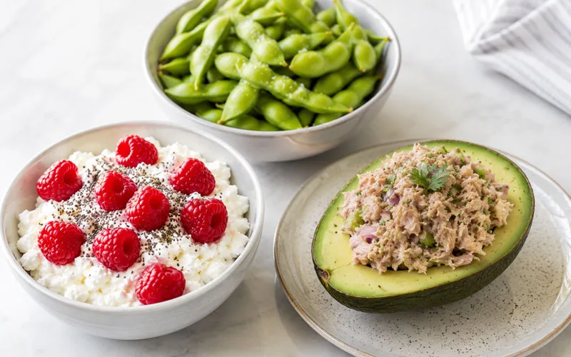 Cottage cheese topped with raspberries and chia seeds beside steamed edamame and tuna salad served in half an avocado.