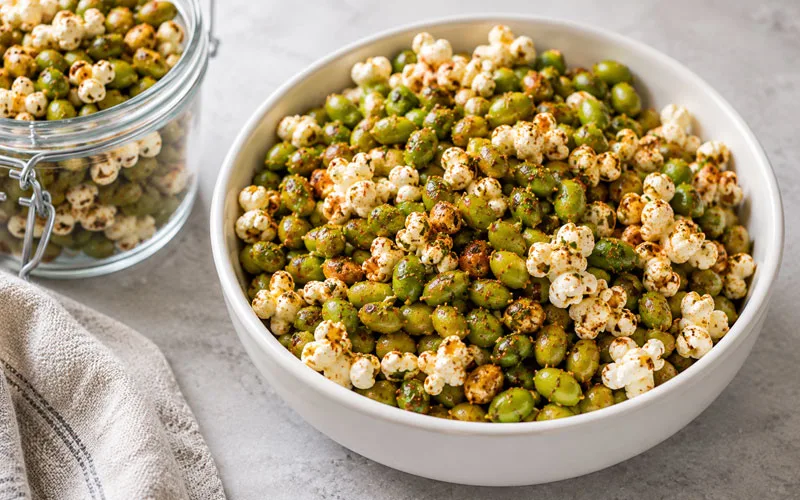 Crunchy roasted edamame and air-popped popcorn seasoned with smoked paprika and herbs in a white bowl.