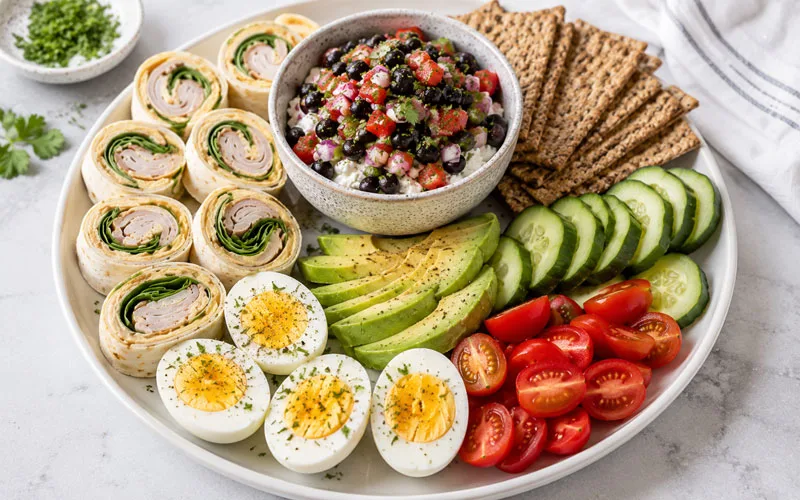 Savory snack board with turkey hummus roll-ups, hard-boiled eggs, avocado, whole-grain crispbread, black bean cottage cheese salsa, cucumber, and tomatoes.