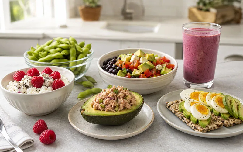 High-protein, high-fiber snacks including cottage cheese with raspberries, edamame, tuna-stuffed avocado, black beans, egg avocado crispbread, and a berry smoothie.