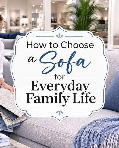 Woman comparing sofa fabric swatches in a bright furniture showroom with decorative text about choosing a sofa for everyday family life.