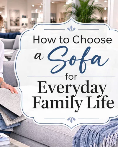 Woman comparing sofa fabric swatches in a bright furniture showroom with decorative text about choosing a sofa for everyday family life.