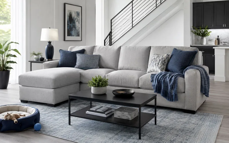 Light gray sectional sofa in a bright living room with blue pillows, a folded blanket, light gray flooring, and a small pet bed.