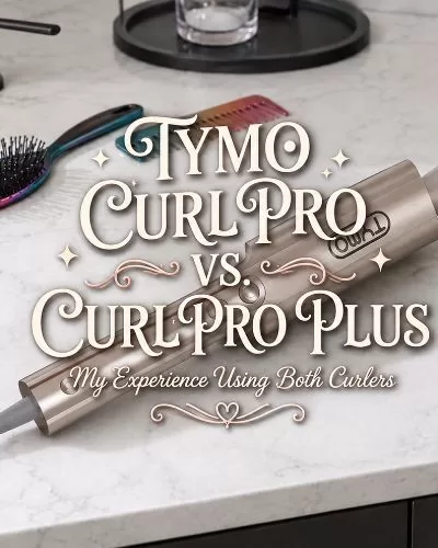 TYMO CURLPRO PLUS automatic curler on a bathroom counter with title text for a CURLPRO comparison review.