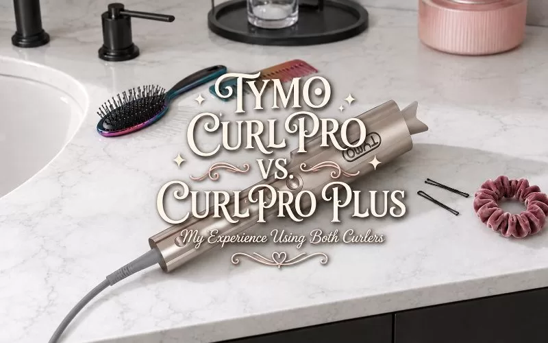 TYMO CURLPRO PLUS automatic curler on a bathroom counter with title text for a CURLPRO comparison review.