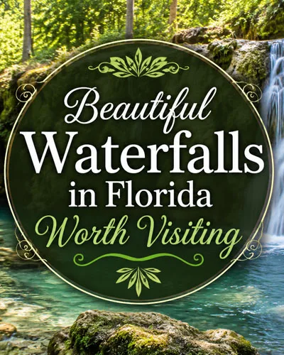 Beautiful waterfall in Florida with lush greenery and article title graphic