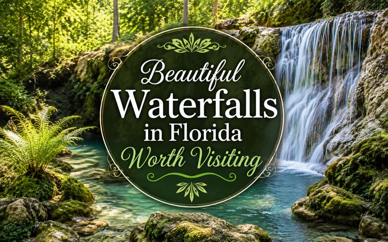 Beautiful waterfall in Florida with lush greenery and article title graphic