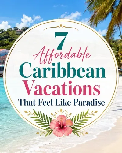 Realistic Caribbean beach with turquoise water, colorful island buildings, palm trees, and a centered decorative article title.