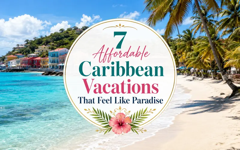 Realistic Caribbean beach with turquoise water, colorful island buildings, palm trees, and a centered decorative article title.