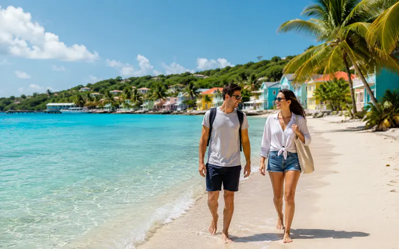 Travelers walking along a beautiful Caribbean beach with clear water and colorful island scenery.