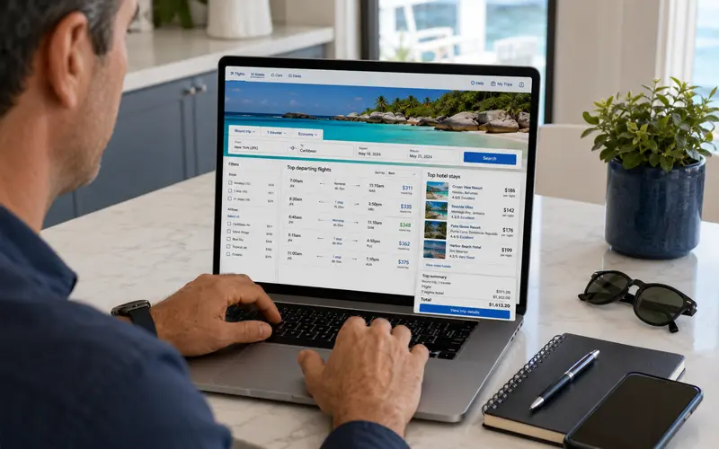 Traveler comparing Caribbean flight and hotel prices on a realistic travel-booking website.