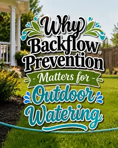 Residential backyard with decorative title Why Backflow Prevention Matters for Outdoor Watering.